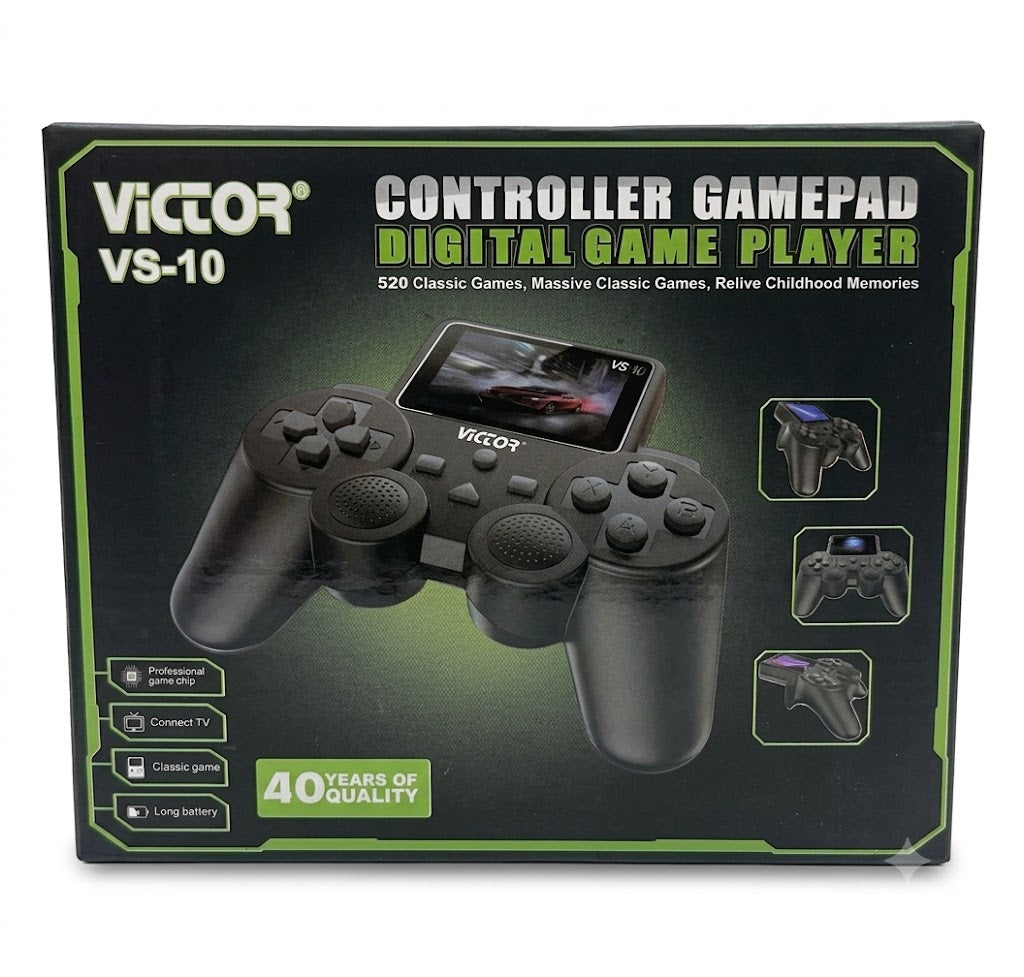 VS-10/S10 controller-style handheld retro game player with built-in screen, dual joysticks, A B X Y buttons, and included USB-C charging cable plus AV RCA TV cable.