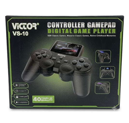 VS-10/S10 controller-style handheld retro game player with built-in screen, dual joysticks, A B X Y buttons, and included USB-C charging cable plus AV RCA TV cable.