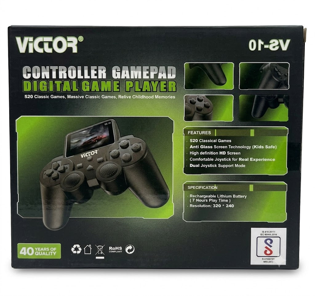 VS-10/S10 controller-style handheld retro game player with built-in screen, dual joysticks, A B X Y buttons, and included USB-C charging cable plus AV RCA TV cable.
