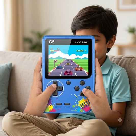G5 handheld retro game player portable console with color screen and AV TV-out RCA cables connected to a television