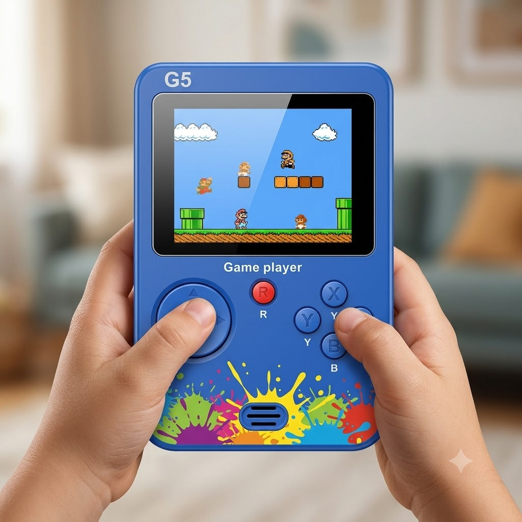 G5 handheld retro game player portable console with color screen and AV TV-out RCA cables connected to a television