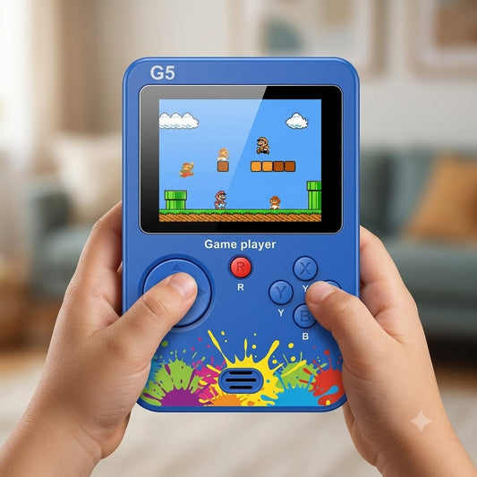 G5 handheld retro game player portable console with color screen and AV TV-out RCA cables connected to a television