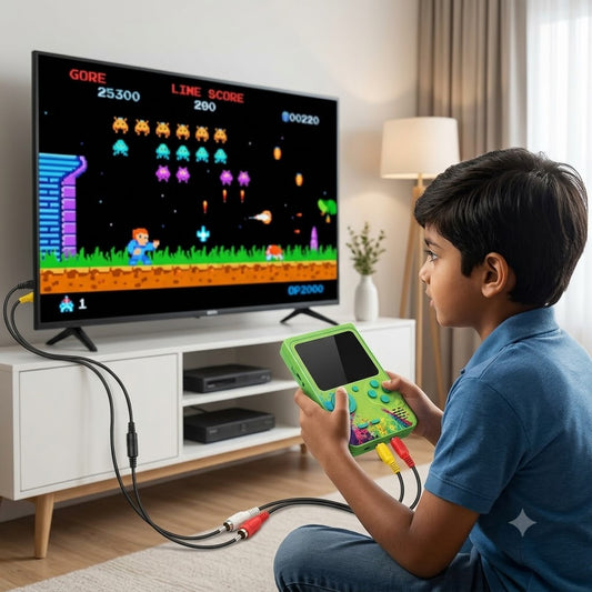 G5 handheld retro game player portable console with color screen and AV TV-out RCA cables connected to a television