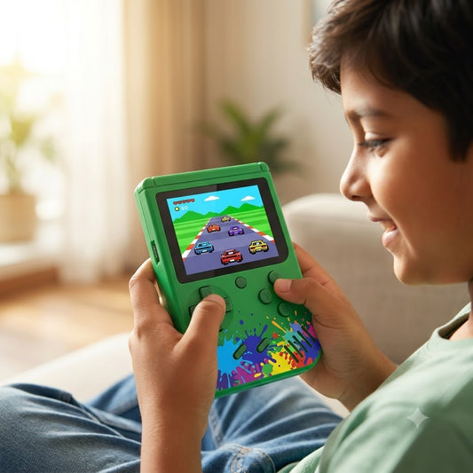 G5 handheld retro game player portable console with color screen and AV TV-out RCA cables connected to a television