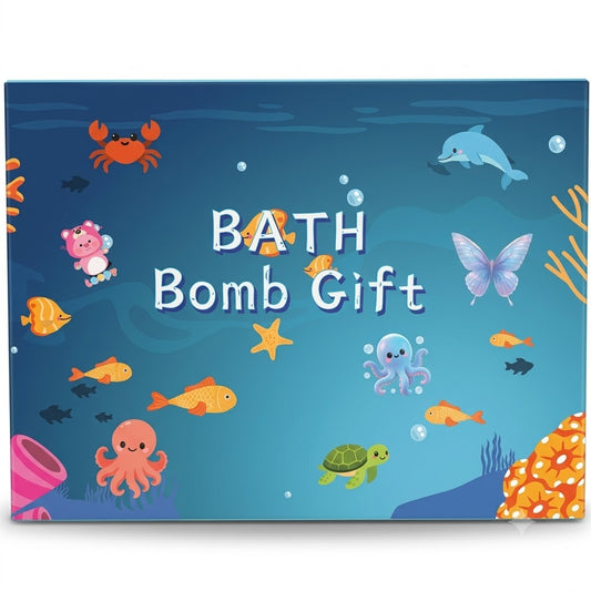 Ocean-themed Bath Bomb Gift box opened with assorted colourful spherical bath bombs and small star-shaped pieces inside