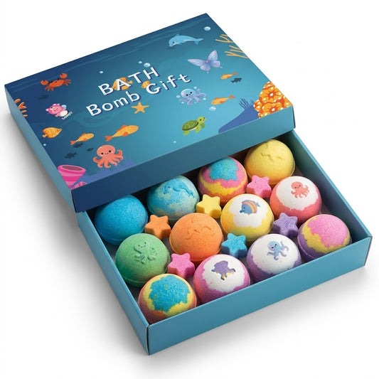 Ocean-themed Bath Bomb Gift box opened with assorted colourful spherical bath bombs and small star-shaped pieces inside