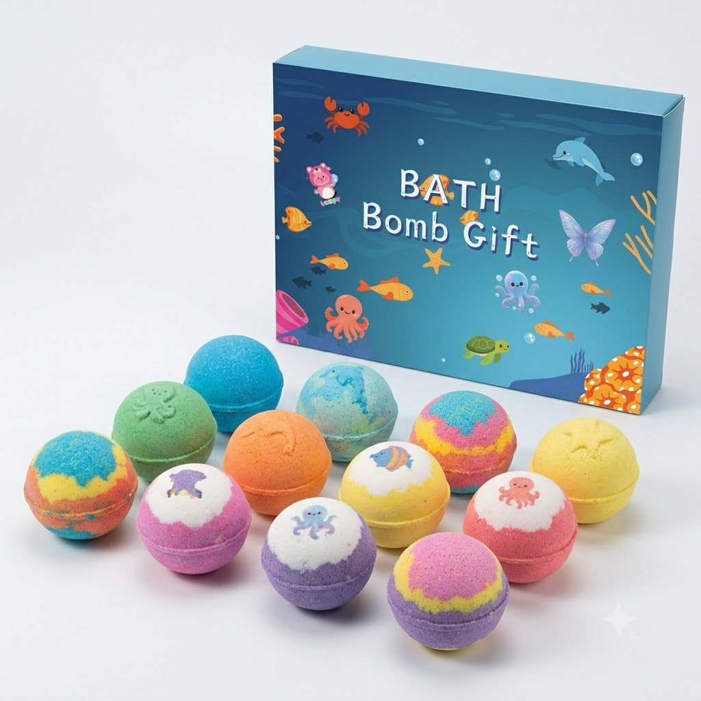 Ocean-themed Bath Bomb Gift box opened with assorted colourful spherical bath bombs and small star-shaped pieces inside