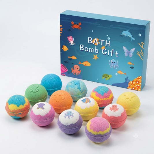 Ocean-themed Bath Bomb Gift box opened with assorted colourful spherical bath bombs and small star-shaped pieces inside