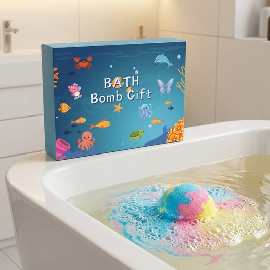 Ocean-themed Bath Bomb Gift box opened with assorted colourful spherical bath bombs and small star-shaped pieces inside