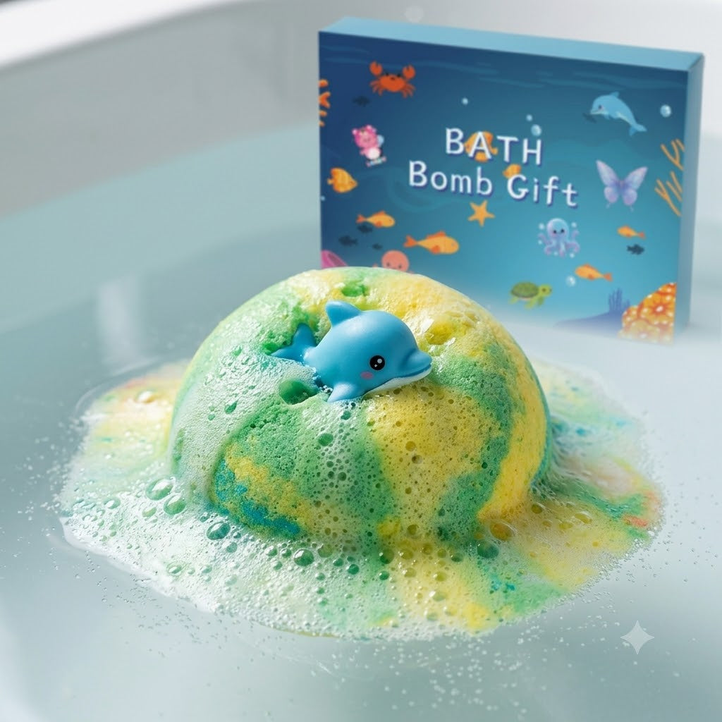 Ocean-themed Bath Bomb Gift box opened with assorted colourful spherical bath bombs and small star-shaped pieces inside