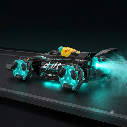 Formula-style RC stunt drift racing car with teal glow lights, omni-style wheels, handheld remote controller, gesture wristband controller, rechargeable battery pack and USB charging cable.