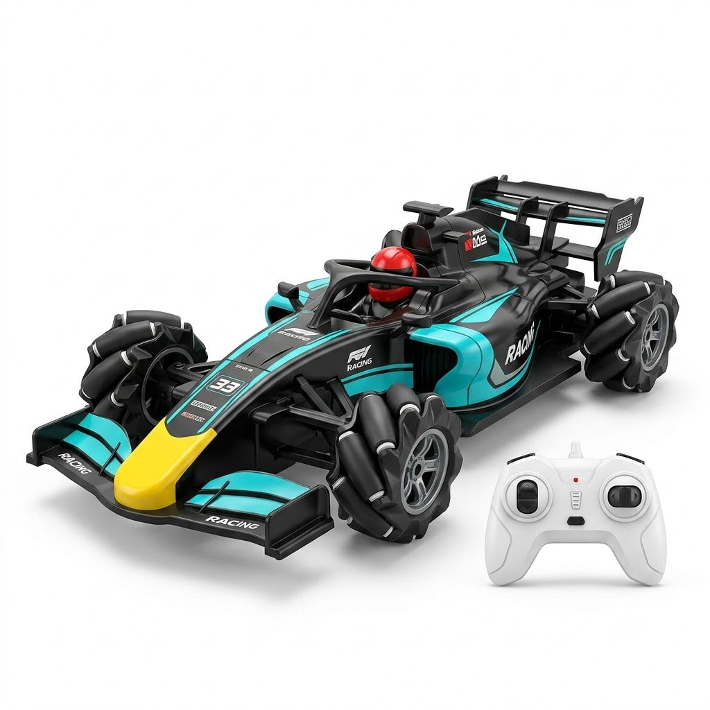 Formula-style RC stunt drift racing car with teal glow lights, omni-style wheels, handheld remote controller, gesture wristband controller, rechargeable battery pack and USB charging cable.