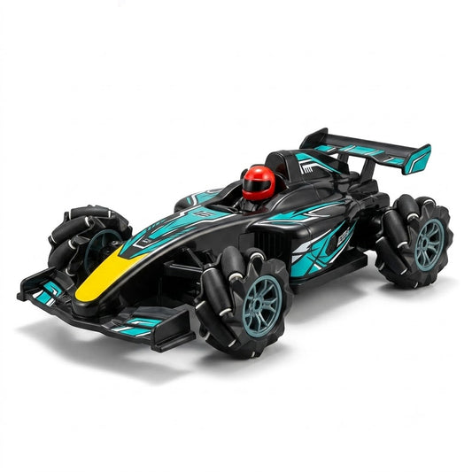 Formula-style RC stunt drift racing car with teal glow lights, omni-style wheels, handheld remote controller, gesture wristband controller, rechargeable battery pack and USB charging cable.