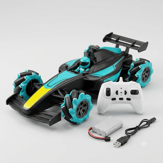 Formula-style RC stunt drift racing car with teal glow lights, omni-style wheels, handheld remote controller, gesture wristband controller, rechargeable battery pack and USB charging cable.