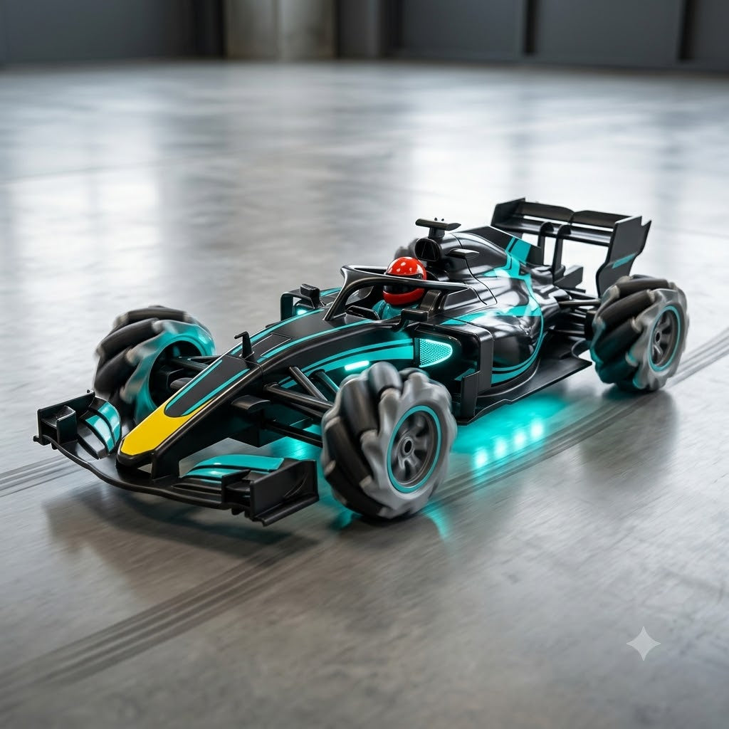 Formula-style RC stunt drift racing car with teal glow lights, omni-style wheels, handheld remote controller, gesture wristband controller, rechargeable battery pack and USB charging cable.