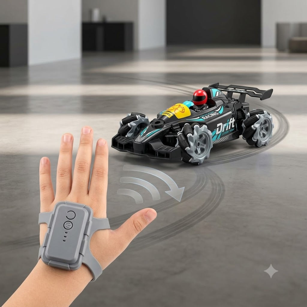 Formula-style RC stunt drift racing car with teal glow lights, omni-style wheels, handheld remote controller, gesture wristband controller, rechargeable battery pack and USB charging cable.