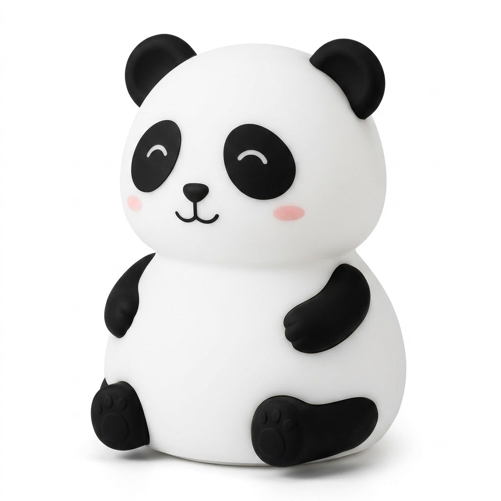 Panda-shaped LED night light on a bedside table glowing warm yellow, USB cable included