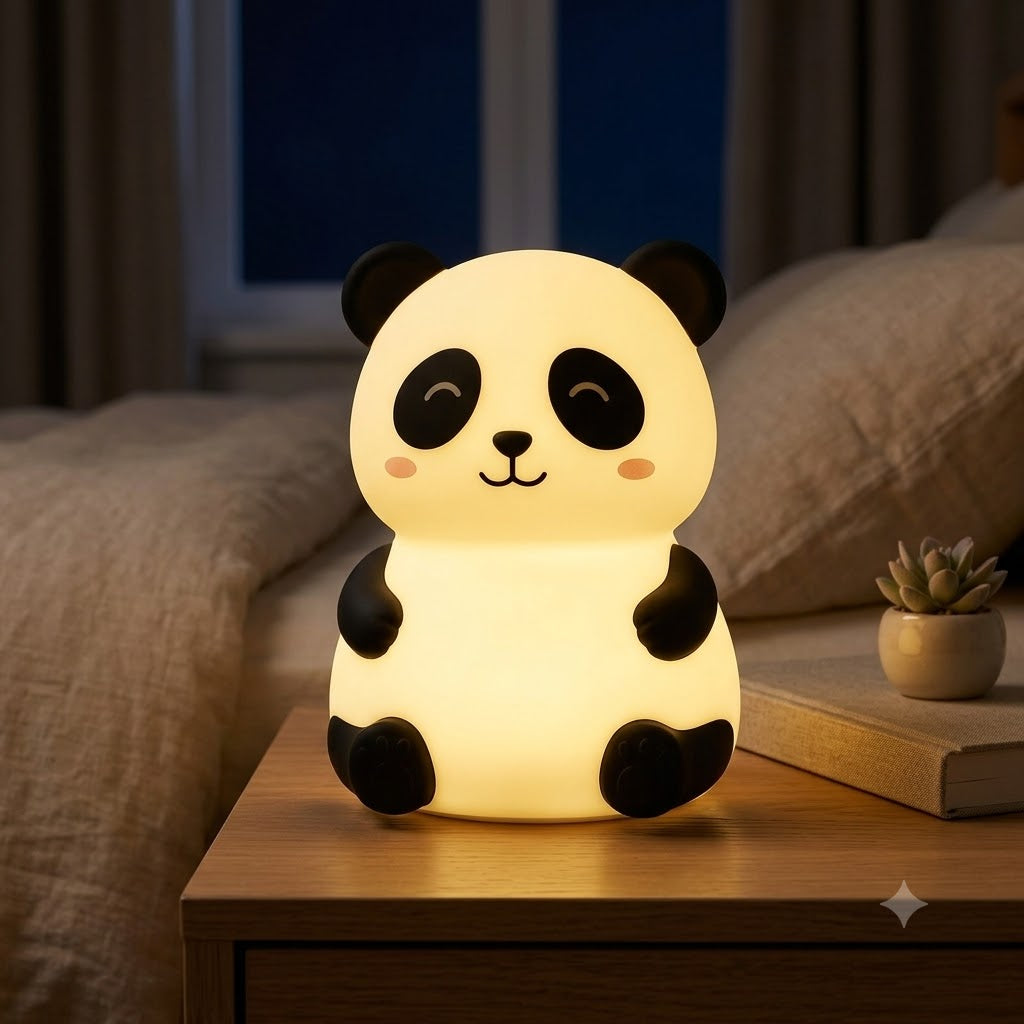Panda-shaped LED night light on a bedside table glowing warm yellow, USB cable included
