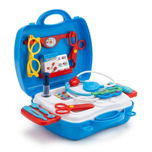 Kids doctor set playset in blue carry case with toy stethoscope, syringe, scissors, glasses and clinic trays (age 3+).
