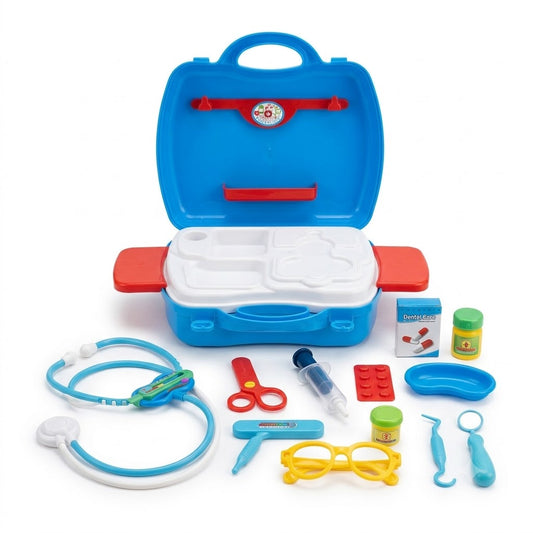 Kids doctor set playset in blue carry case with toy stethoscope, syringe, scissors, glasses and clinic trays (age 3+).