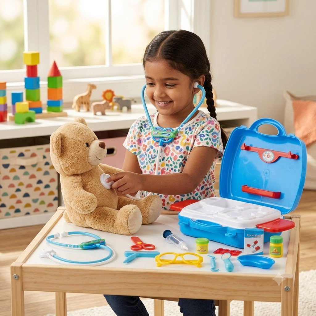 Kids doctor set playset in blue carry case with toy stethoscope, syringe, scissors, glasses and clinic trays (age 3+).