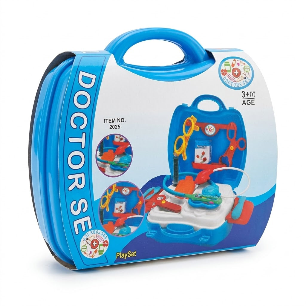 Kids doctor set playset in blue carry case with toy stethoscope, syringe, scissors, glasses and clinic trays (age 3+).