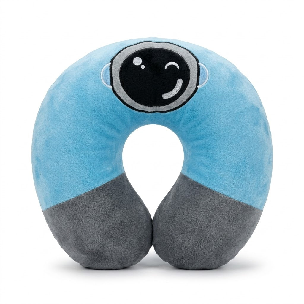 Two-tone light blue and dark grey plush U-shaped travel neck pillow with embroidered winking cartoon face patch