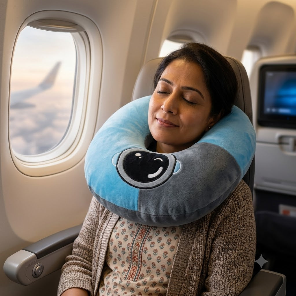 Two-tone light blue and dark grey plush U-shaped travel neck pillow with embroidered winking cartoon face patch