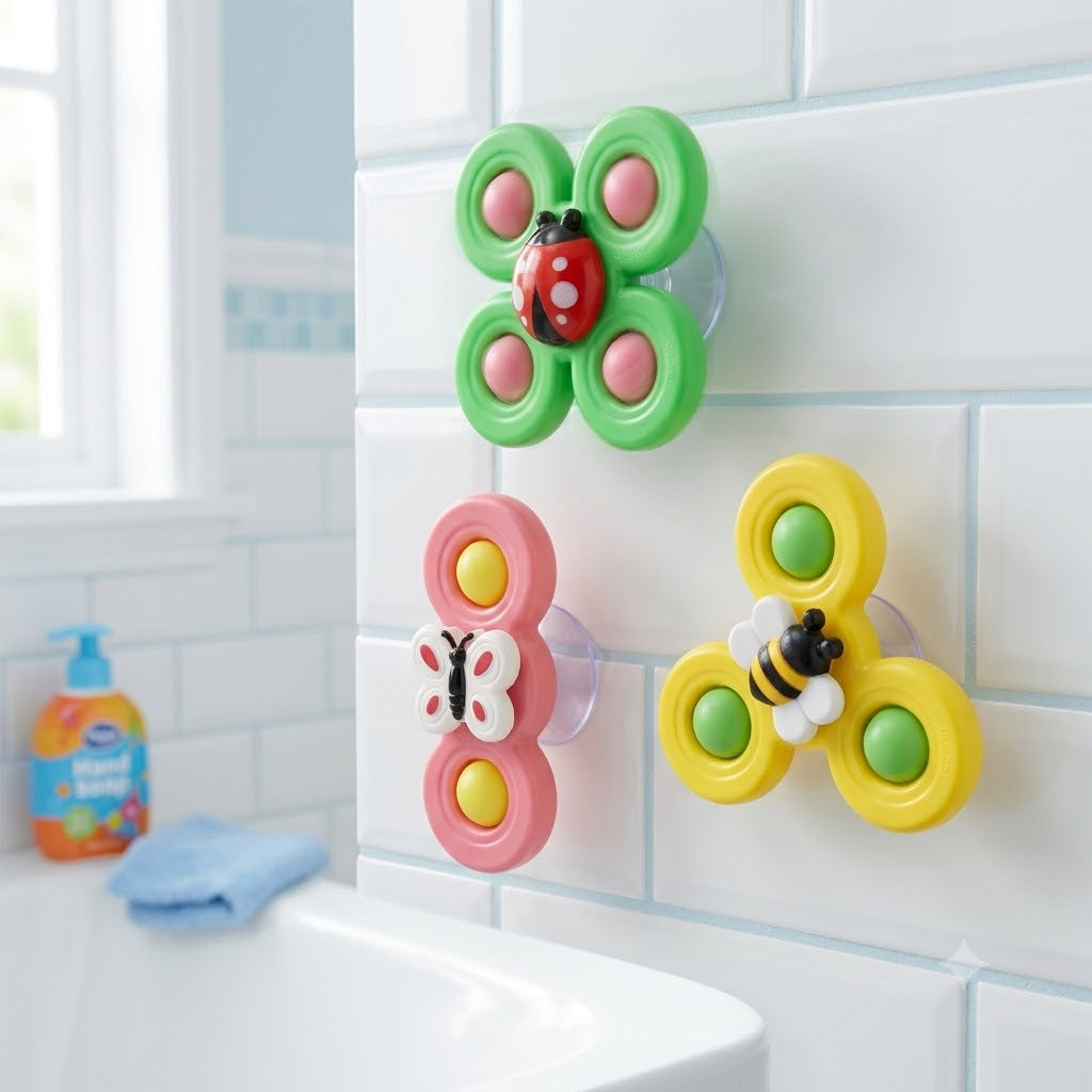 Set of three baby suction spinner toys with insect designs (ladybug, butterfly, bee) in gift pack box