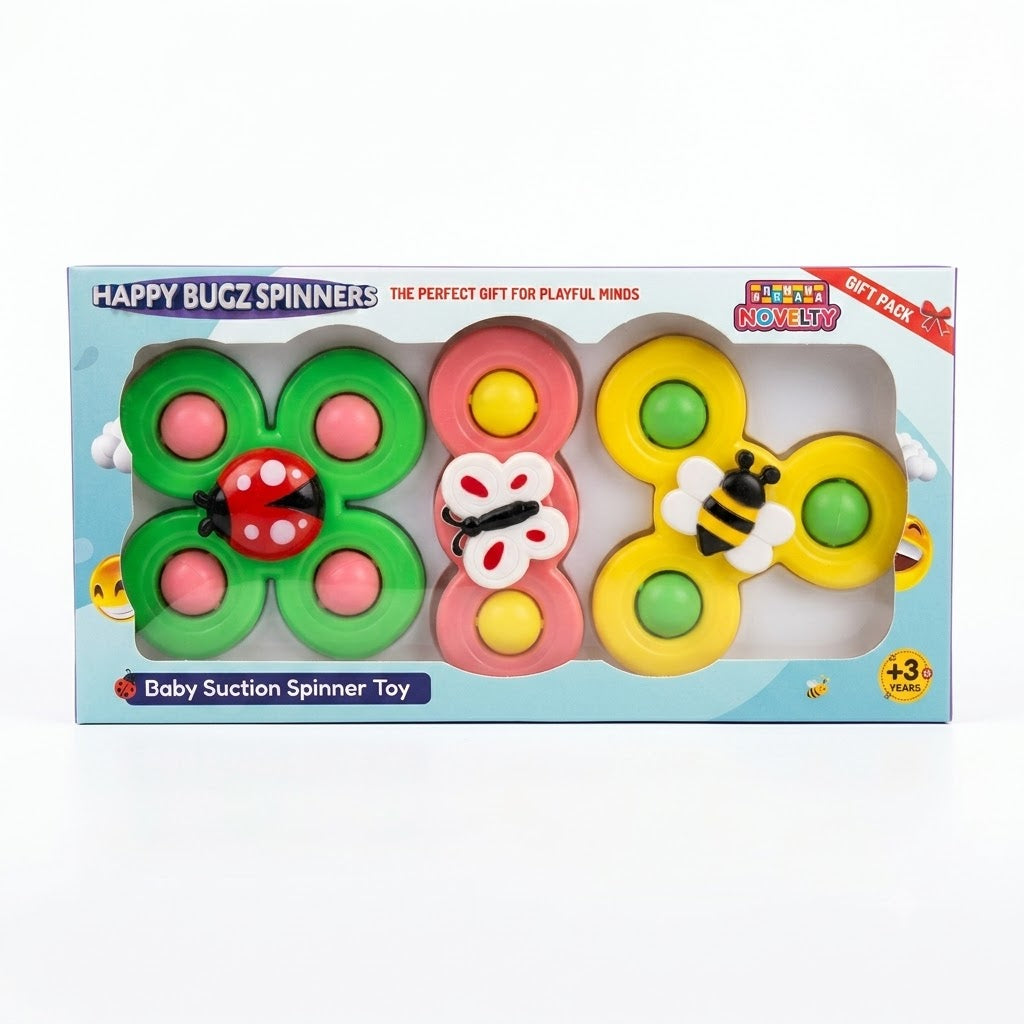 Set of three baby suction spinner toys with insect designs (ladybug, butterfly, bee) in gift pack box