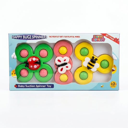 Set of three baby suction spinner toys with insect designs (ladybug, butterfly, bee) in gift pack box