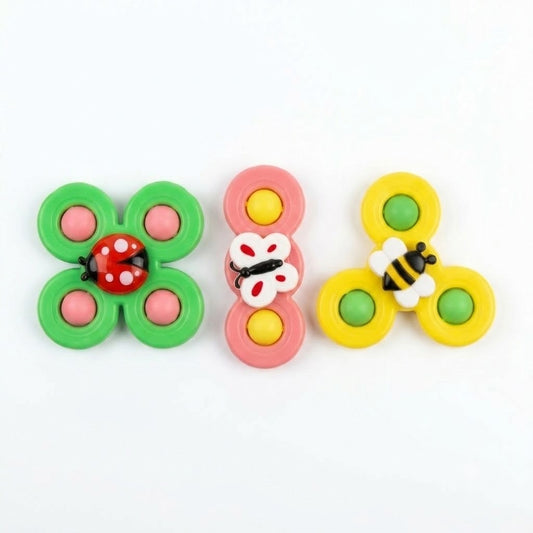 Set of three baby suction spinner toys with insect designs (ladybug, butterfly, bee) in gift pack box