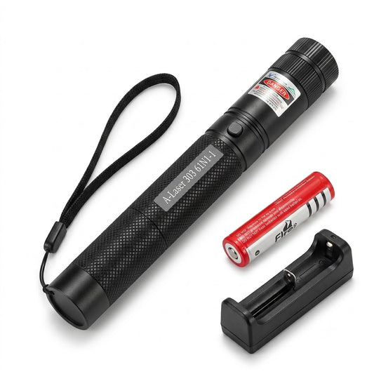 Green laser pointer pen kit with rechargeable battery, single-slot charger cradle and wrist lanyard in retail box