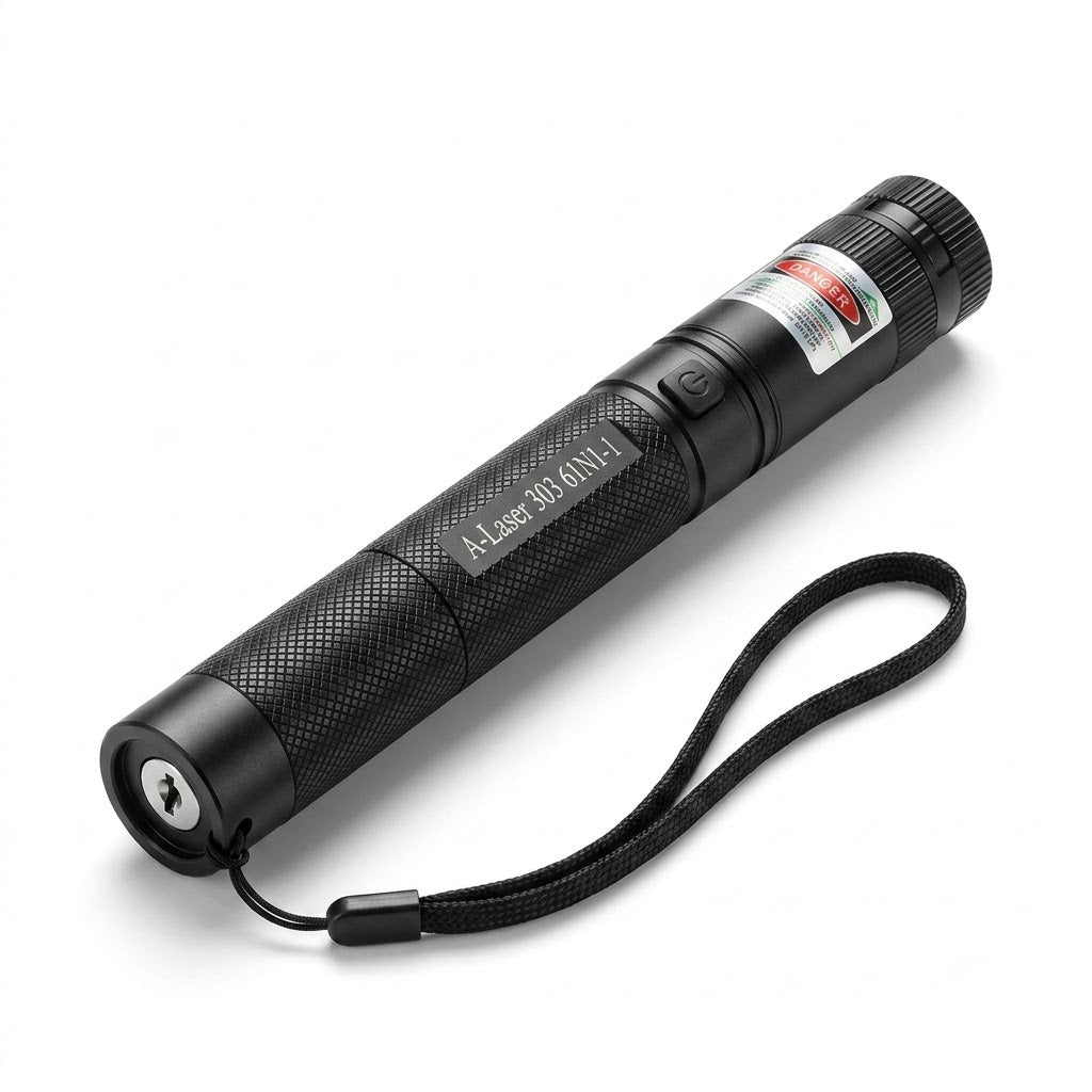 Green laser pointer pen kit with rechargeable battery, single-slot charger cradle and wrist lanyard in retail box