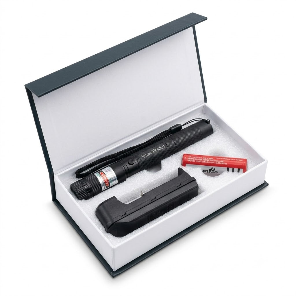 Green laser pointer pen kit with rechargeable battery, single-slot charger cradle and wrist lanyard in retail box