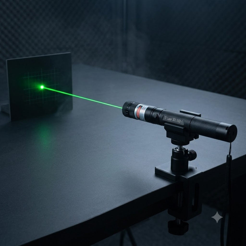 Green laser pointer pen kit with rechargeable battery, single-slot charger cradle and wrist lanyard in retail box