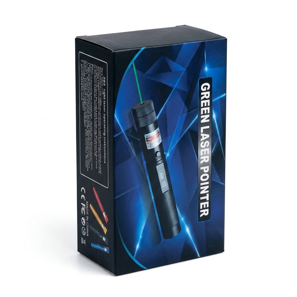 Green laser pointer pen kit with rechargeable battery, single-slot charger cradle and wrist lanyard in retail box
