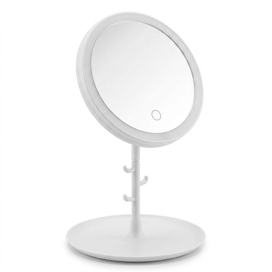 USB powered LED vanity makeup mirror with circular light ring, touch button, organizer base tray and jewelry hooks stand