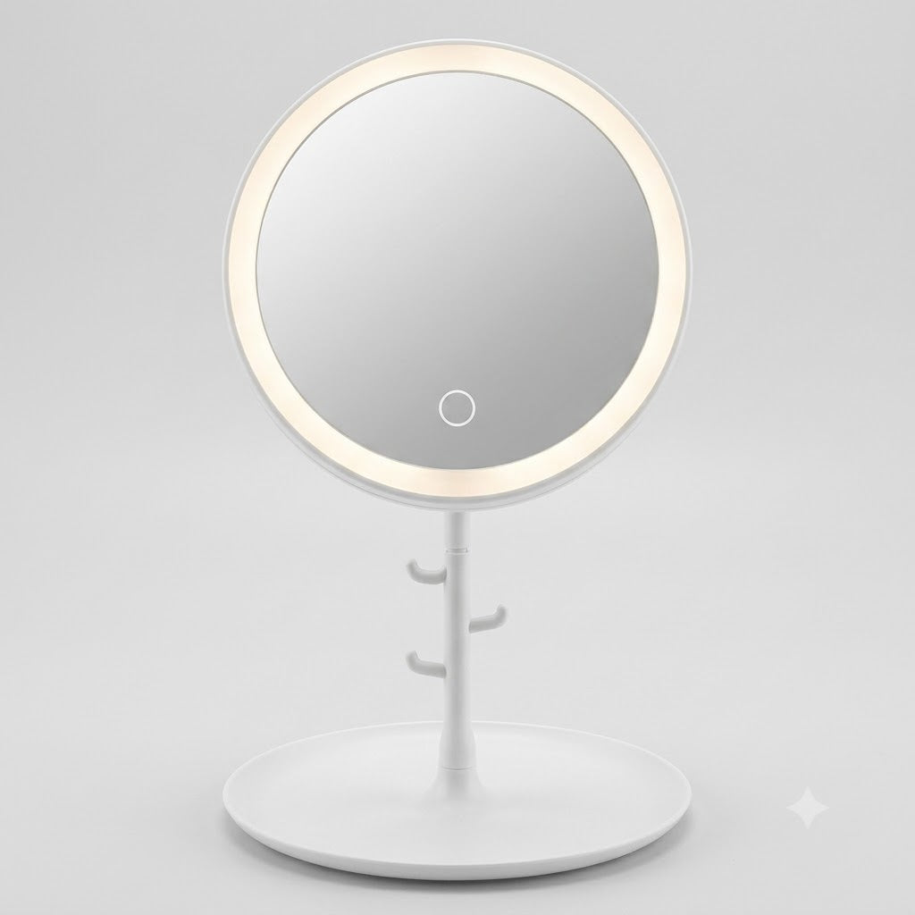 USB powered LED vanity makeup mirror with circular light ring, touch button, organizer base tray and jewelry hooks stand