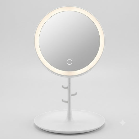 USB powered LED vanity makeup mirror with circular light ring, touch button, organizer base tray and jewelry hooks stand
