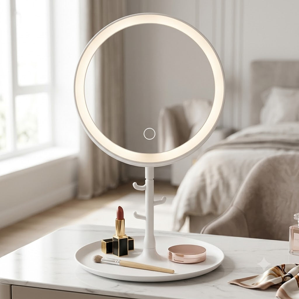 USB powered LED vanity makeup mirror with circular light ring, touch button, organizer base tray and jewelry hooks stand