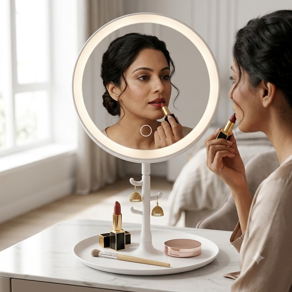 USB powered LED vanity makeup mirror with circular light ring, touch button, organizer base tray and jewelry hooks stand