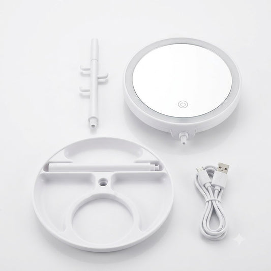 USB powered LED vanity makeup mirror with circular light ring, touch button, organizer base tray and jewelry hooks stand