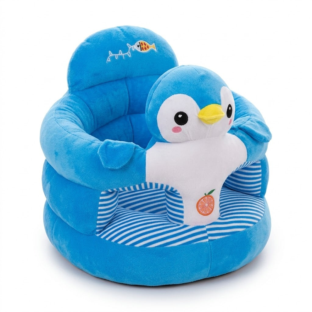 Plush infant floor support seat with high backrest and wrap-around armrests, penguin (blue) and cat (pink) character designs with striped inner panels and embroidery