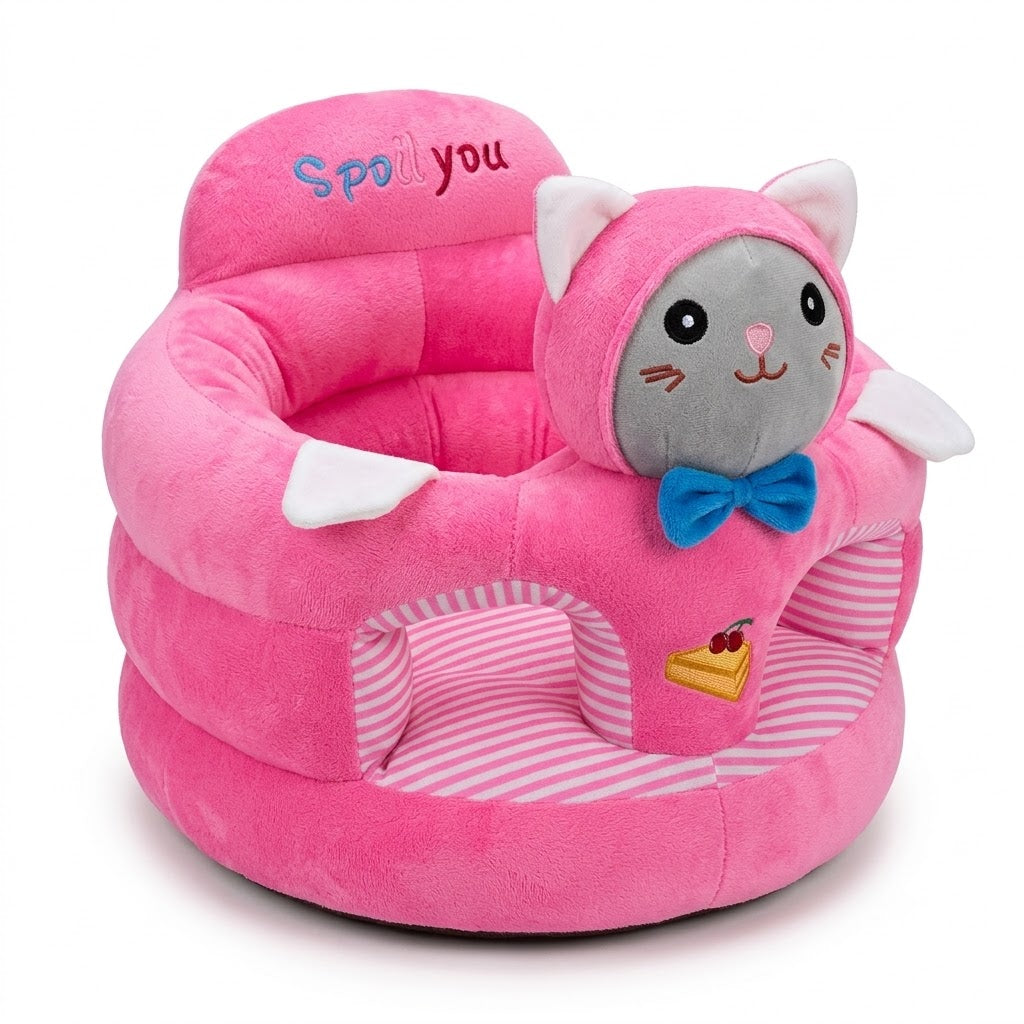 Plush infant floor support seat with high backrest and wrap-around armrests, penguin (blue) and cat (pink) character designs with striped inner panels and embroidery