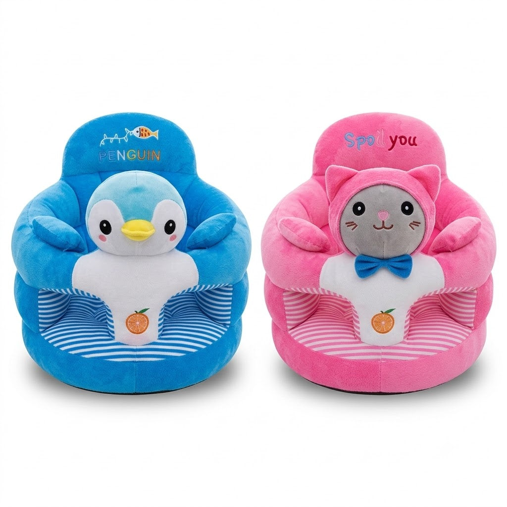 Plush infant floor support seat with high backrest and wrap-around armrests, penguin (blue) and cat (pink) character designs with striped inner panels and embroidery