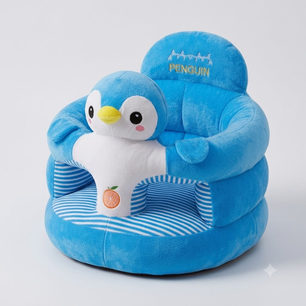 Plush infant floor support seat with high backrest and wrap-around armrests, penguin (blue) and cat (pink) character designs with striped inner panels and embroidery