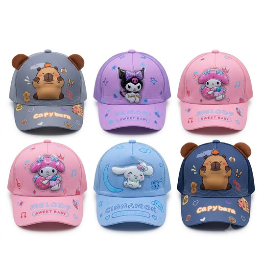 Kids cartoon trucker baseball cap with mesh back, adjustable snapback and 3D character patch (multiple colour variants)