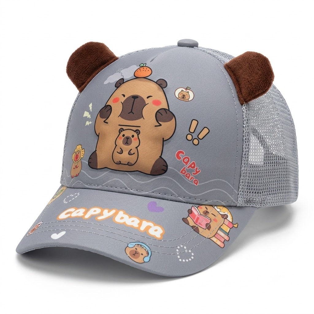 Kids cartoon trucker baseball cap with mesh back, adjustable snapback and 3D character patch (multiple colour variants)