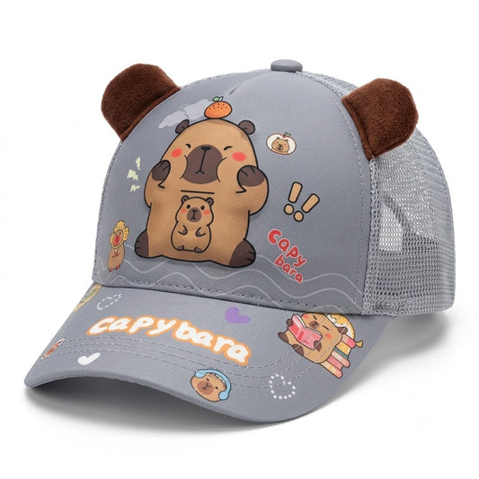 Kids cartoon trucker baseball cap with mesh back, adjustable snapback and 3D character patch (multiple colour variants)